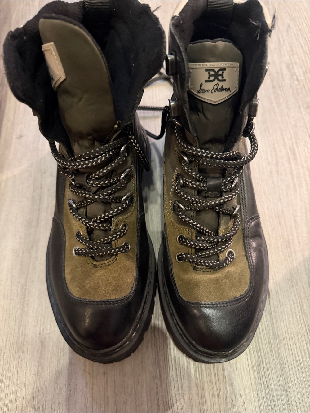 Sam Edelman Olive Suede and Black Leather Combat Boots